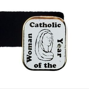 Vintage Estate White & Gold-Tone Catholic Woman of the Year Lapel Pin